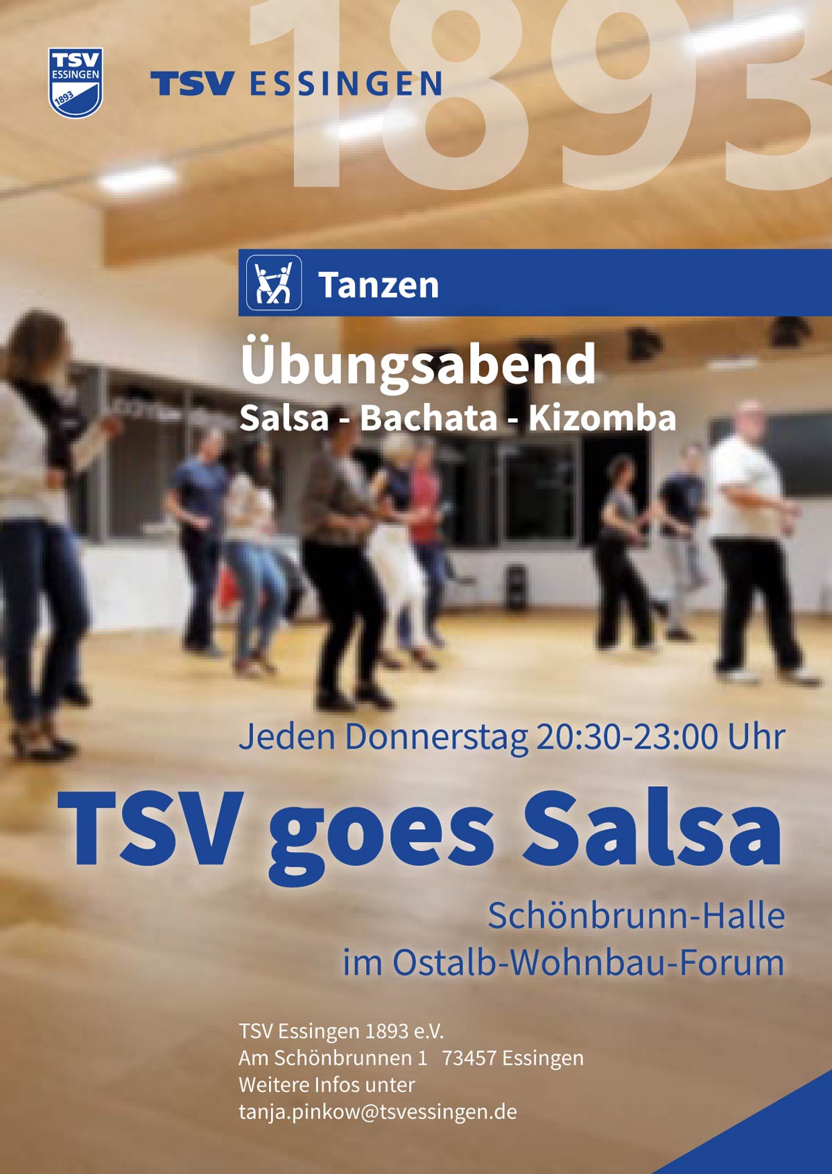 Tanzende Menschen mit Werbung für den Übungsabend TSV goes Salso in der Schönbrunn-Halle
