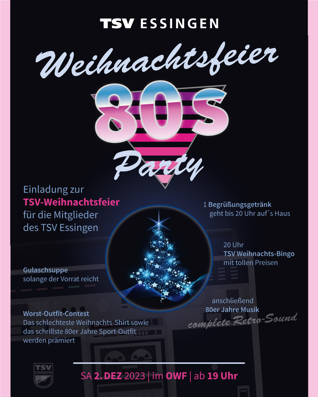 Flyer als Einladung zur TSV Weihnachtsfeier mit 80er Jahre Party.