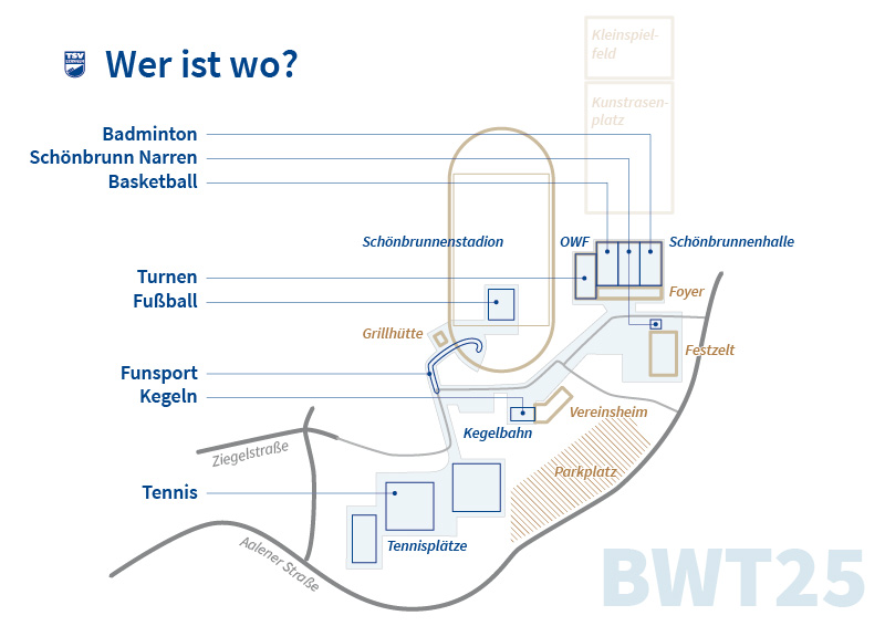 Lageplan des Schönbrunnen-Geländes Lageplan des Schönbrunnen-Gelände am Blauweißen Tag mit den 8 Stationen der TSV Angebots